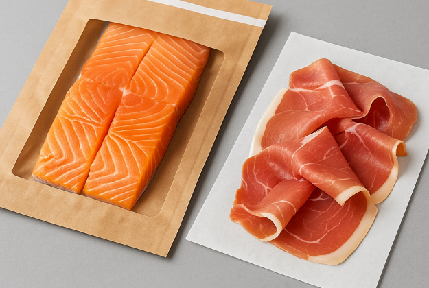 Lachs und Prosciutto auf weißem Hintergrund