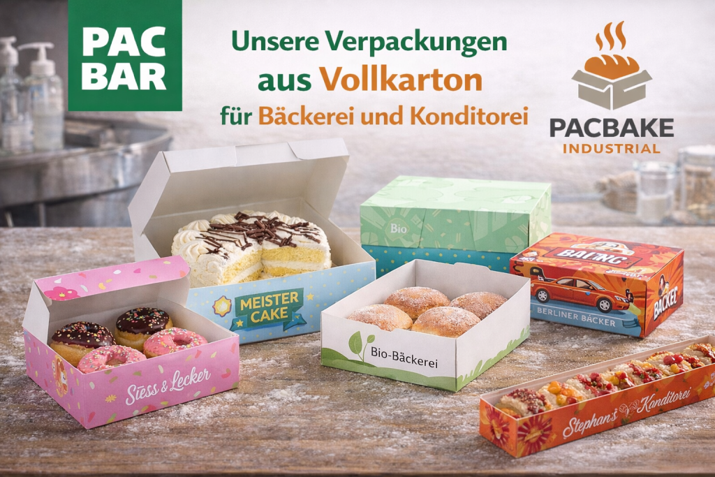 Unsere Verpackungen aus Vollkarton für Bäckerei und Konditorei stehen für individuelle Lösungen, eigene Produktion und planbare Versorgung. Mit maßgeschneiderten Formaten, kundenspezifischen Drucken sowie Rahmen- und Abrufverträgen unterstützt PACBAKE professionelle Betriebe zuverlässig im Tagesgeschäft.